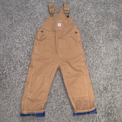 Carhartt Boy's Brown Tan Bib Overalls Plaid Flannel Lined Double