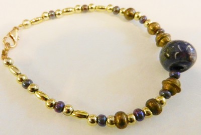 OOAK Artisan Greek Purple HPTD Porcelain Bead  &-Brass 7 1/2''  Bracelet-Clasp