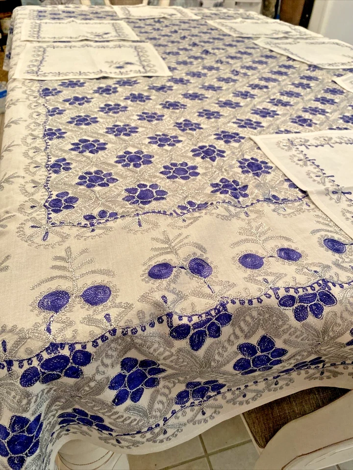 Authentic Aghabani Oriental Handmade Blue Silver Table Cloth Embroidered Linen - Image 2 of 4