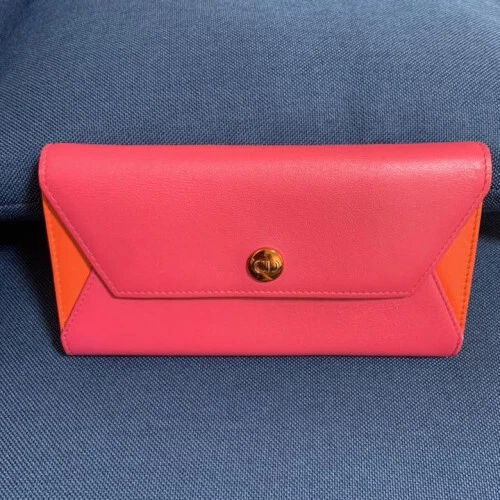 Portefeuille long bi pli cuir Christian Dior rose orange 1011