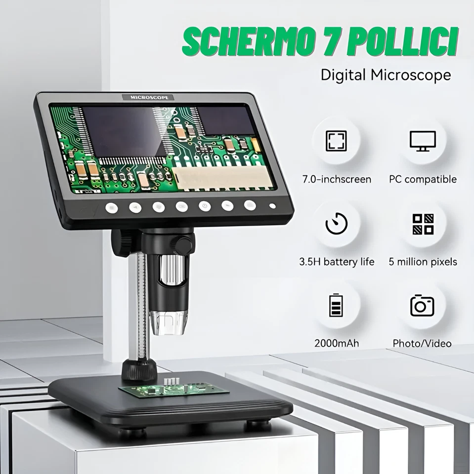 Microscopio Industriale Digitale 1200X HD 7'' Display a Colori Fotografia- Video - Immagine 4 di 4