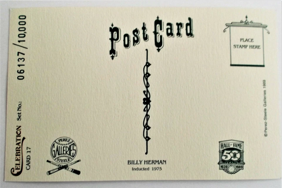 BILLY HERMAN Signed Limited Postcard 1989 Perez Steele Celebration #17 HOF - Image 3 of 4