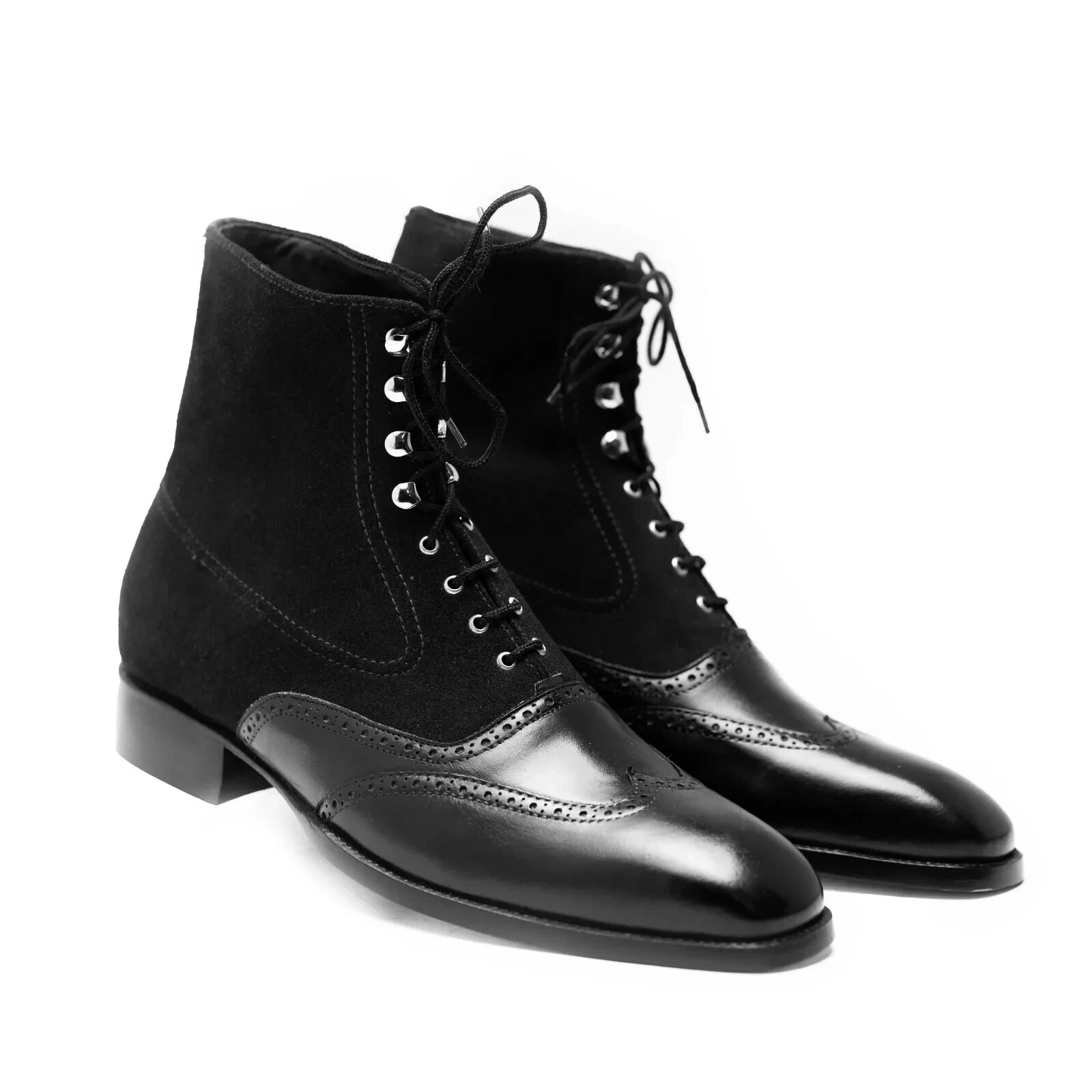 Handmade Men's Ankle Boots Leather & Suede Black Wingtip Formal Boots For Men