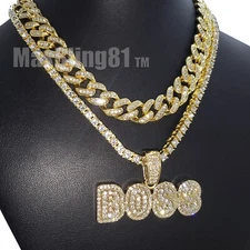 Hip Hop Gold Plated BOSS Pendant & 1 Row Cubic Zirconia & Cuban Chain Necklace