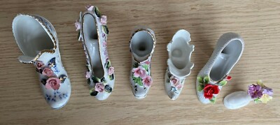 Lot of 6 Vintage Porcelain Decorative Shoes With Flowers & Gold Trim