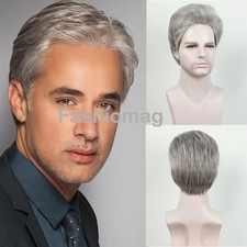 Fashion Short Fluffy Layered Gray Mix Synthetic Hair Wigs Men Natural Daily