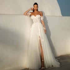 Side Slit Tulle Wedding Dress Sweetheart 3D Flower Applique Backless Bridal Gown