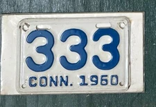 1960 CONNECTICUT MOTORCYCLE LICENSE PLATE TAG   # 333   NICE #