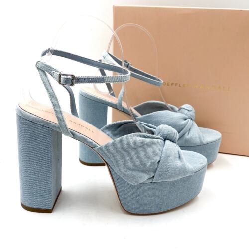 Loeffler Randall Roz Platform Sandals Blue Denim Knot Heels Ankle Strap Sz 8.5