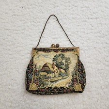 Antique Tapestry Purse Handbag Silk Lining Country River Gold Hardware Chain