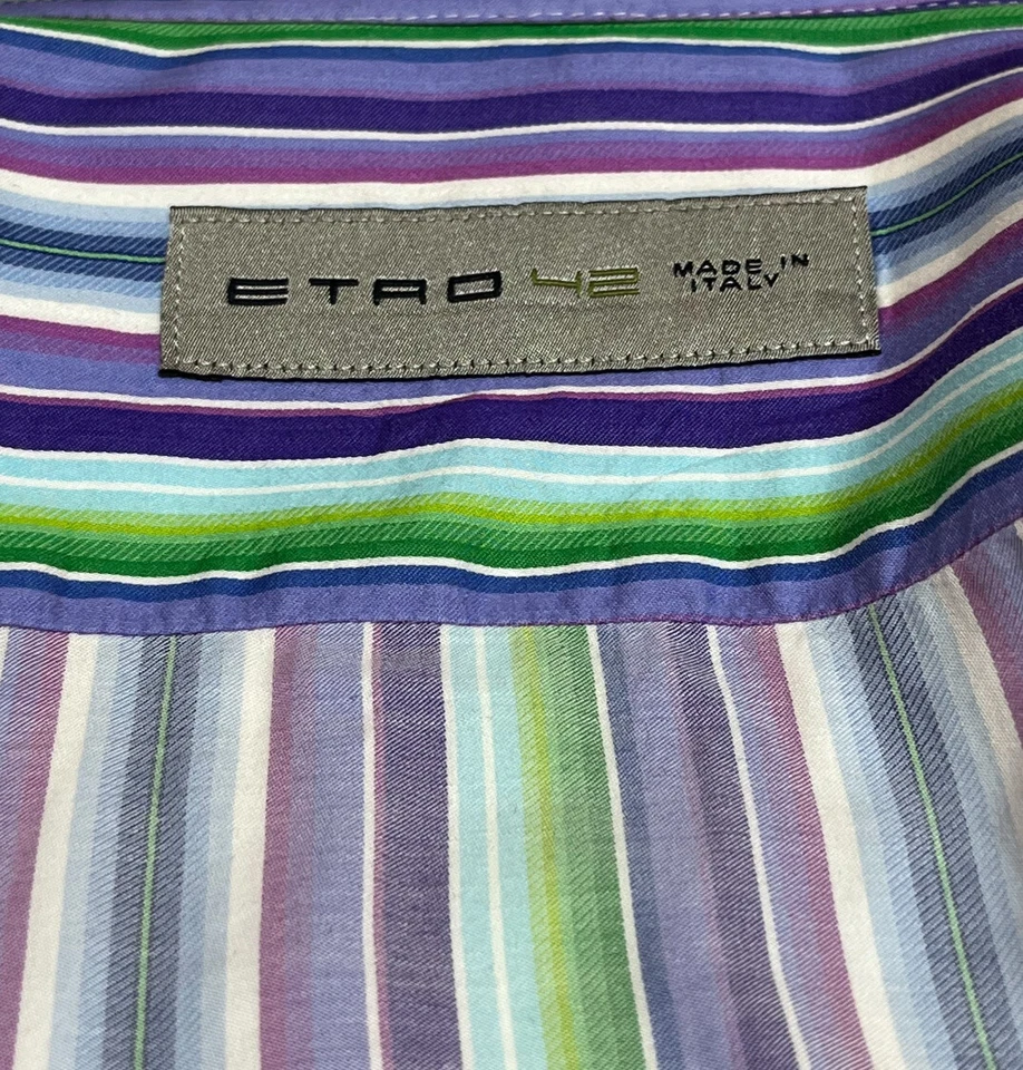 Etro Men's Luxury Cotton Dress Shirt Purple Green Blue Stripe • Italy • Size 42 - Image 3 of 4