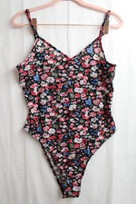 Women's Black Red Floral SHEIN M Polyester Full Bottom Snap Leotard