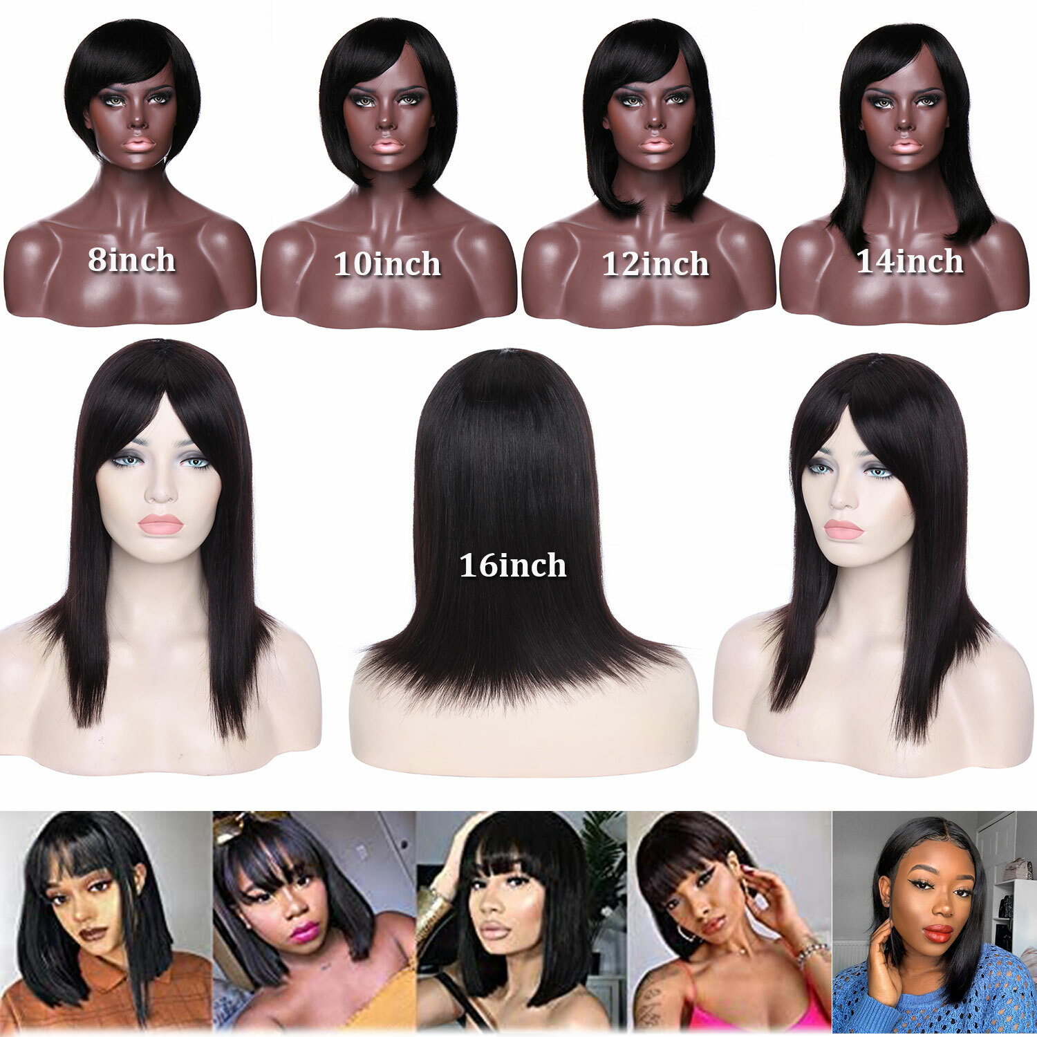 14inch 100% Remy Human Hair Wig Fashion Short Dark Brown BOB Wig With Neat  Bangs | eBay