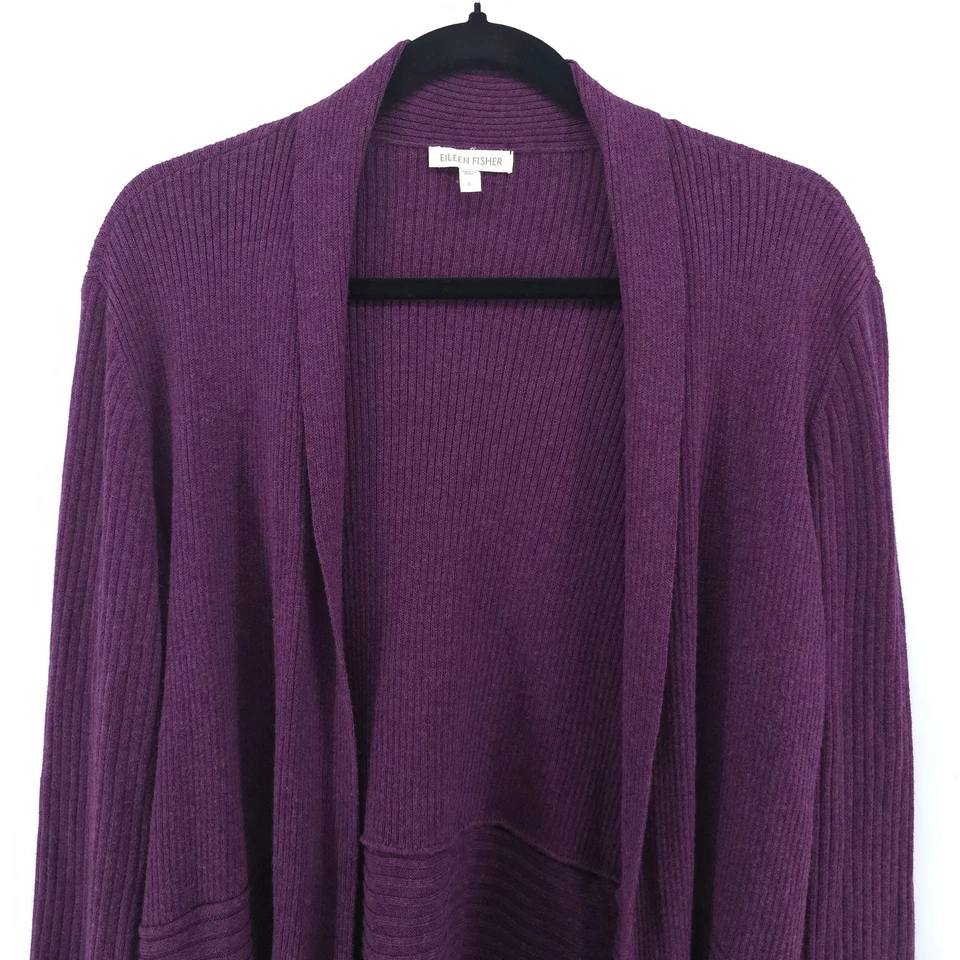 Eileen Fisher All Organic Cotton Plum Open Front Knit Mid Length Cardi Duster L - Image 2 of 4