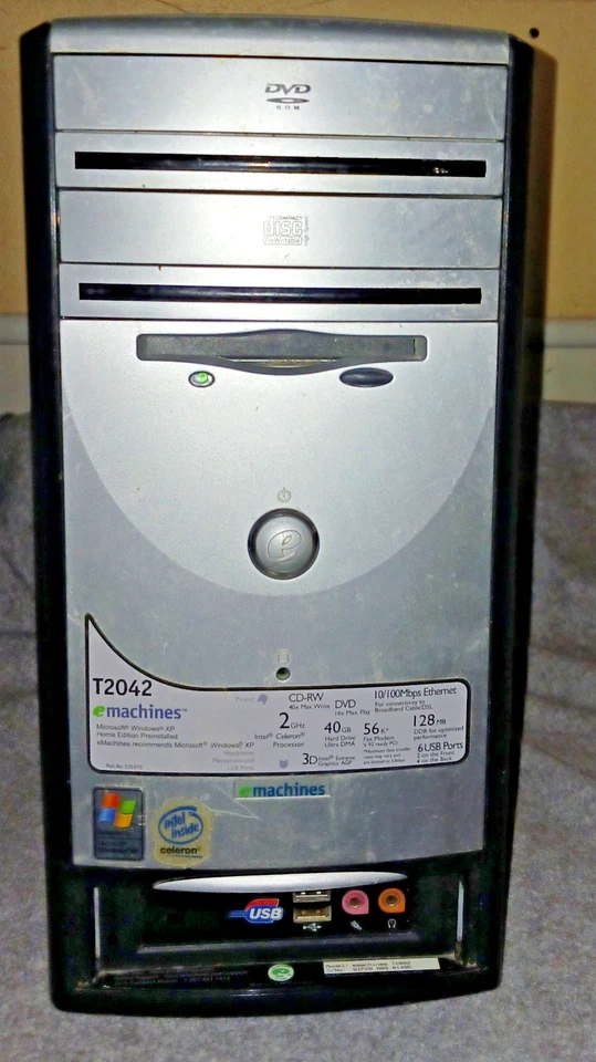 Non-working eMachines T2042 Parts Repair No Cord No HD + Unopened Windows XP CD - Image 2 of 4