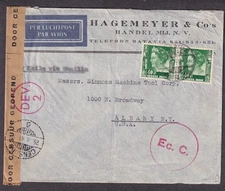 Netherlands Indies 1941 WWII censor DEV 2 cover Batavia to Tool Corp Albany NY