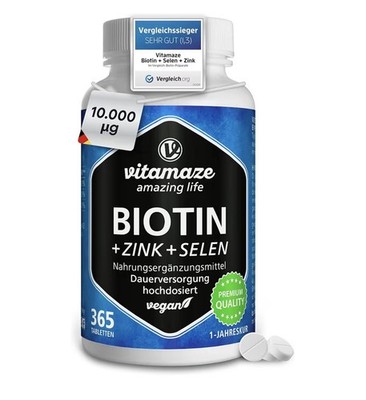 Biotin hochdosiert 10.000 mcg + Selen + Zink für Haarwuchs, Haut & Nägel