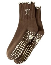 Cute Pilates Grip Socks for Women Ruffle One Size 1 Pack-brown-beige Bow