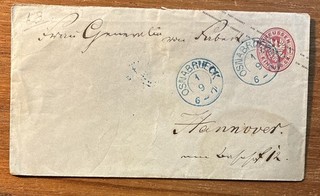 Osnabrück 1.9. 1867 6 7Uhr Ankunft Hannover Nachts Preußen Ganzsache Stempel NV