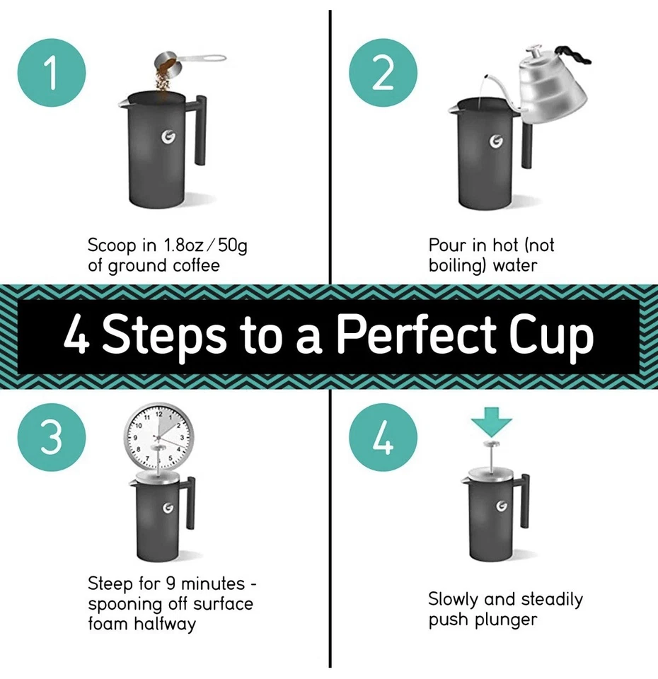 Cafetera Prensa Francesa Coffee Gator - Aislada, Acero Inoxidable Manual Negra Foto 4 de 4