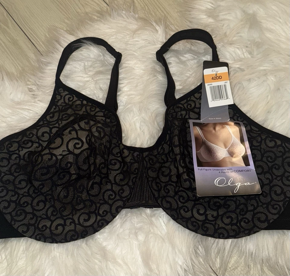 Olga 35090 Positively Fitting Silky Smooth Bra Lace Unlined UW Womens 42D Black - Image 3 of 4