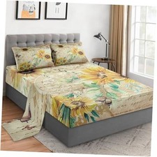 4 Pieces Size Bed Sheet Sets with Pillowcases Floral Yellow Queen Sunflower