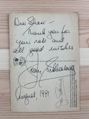 Dame Joan Sutherland *SIGNED* - Personalized postcard - August 1991 - Australia