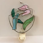 Vintage Tiffany Style Stained Glass Nightlight Hummingbird & Butterfly 90s WORKS