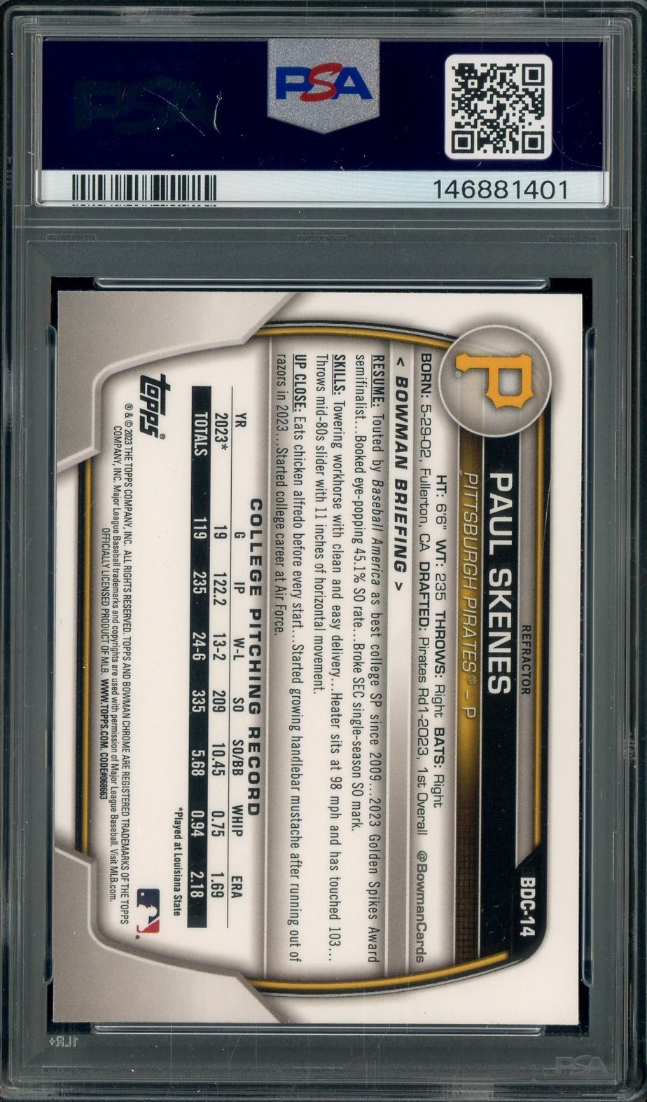 2023 Bowman Chrome Refractor #BDC14 Paul Skenes Pirates RC Rookie PSA 9 MINT view 2