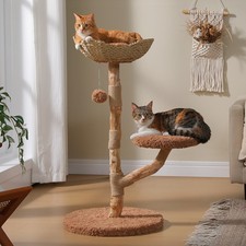 PAWZ Road Modern Cat Tree Tower with Real Wood Branches and Wicker Basket Bed