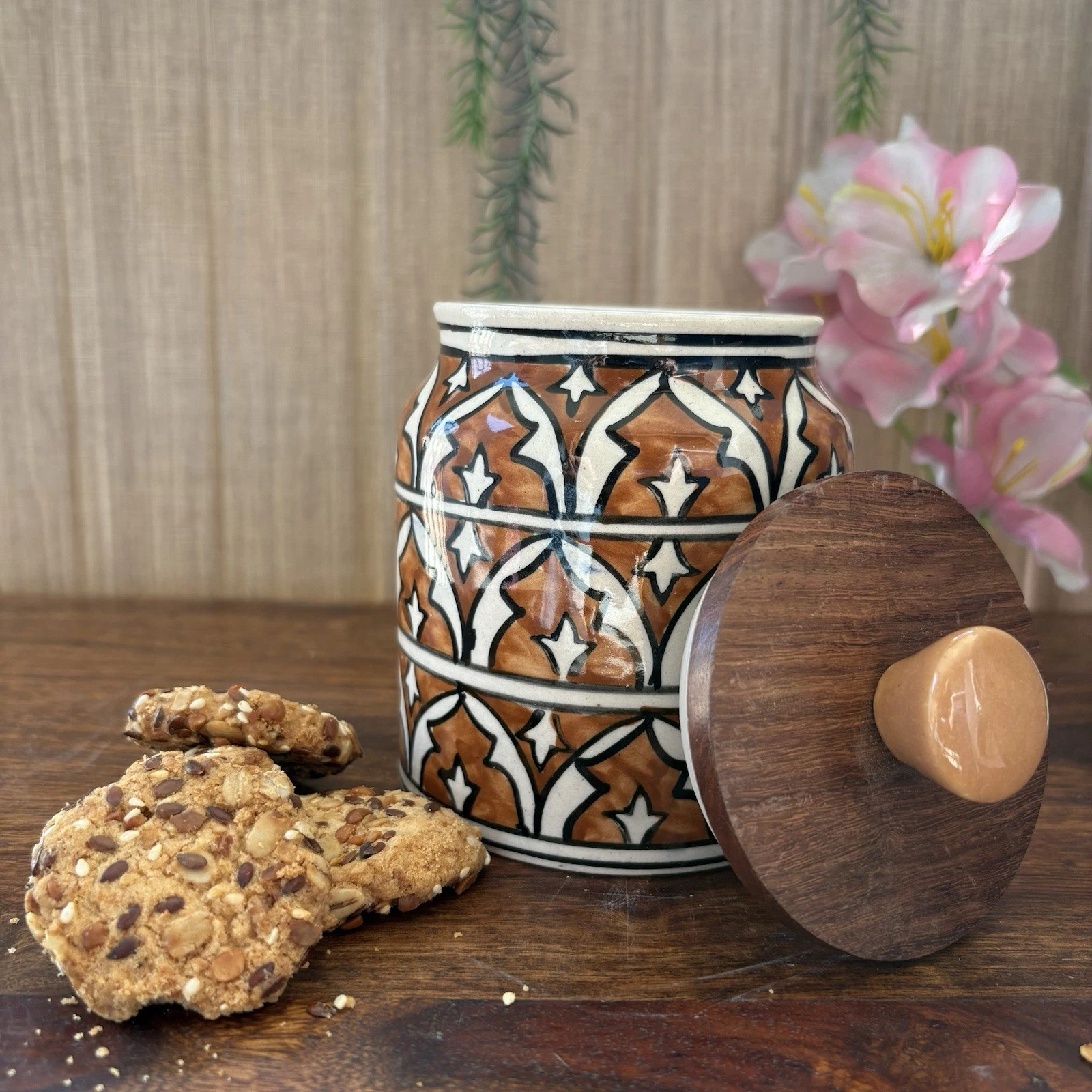 Handmade Ceramic Jar with Wooden Lid | Moroccan Airtight Kitchen Storage | Tea