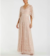 New MAC DUGGAL Blush V Neck Flounce Sleeve Embellished Mesh Gown Size 2