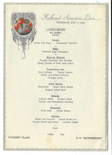 Holland America Line - SS Rotterdam - 1932 Luncheon Menu - Tourist Class