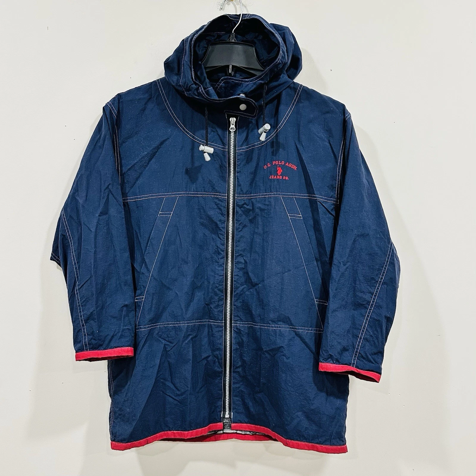 VINTAGE US Polo Assn. Jacket Mens Sz XL Blue Full Zip Windbreaker Hooded Hiking