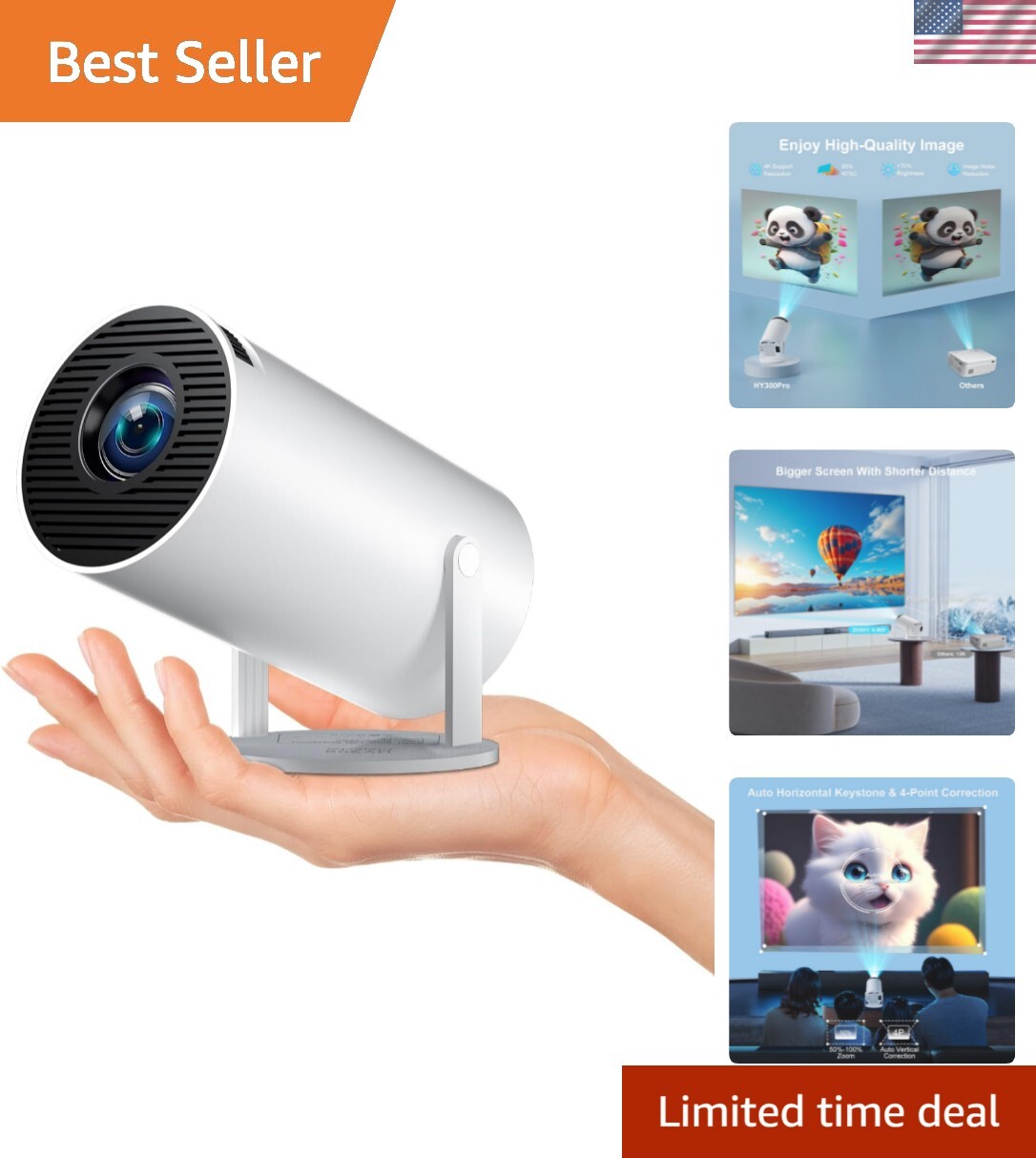 4K Wireless Short Throw Mini Projector with Bluetooth and Built-in Apps HY300-image