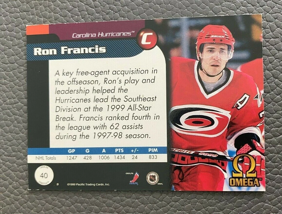 Ron Francis 1998-99 Pacific Omega  #40 card Carolina Hurricanes HOF - Image 2 of 2
