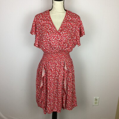 sincerely jules red dress Sincerely Jules A-Line Dress Sz M Womans Red Floral Flutter Sleeve Smocked  Waist