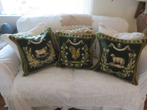 Aubusson style FRENCH COUNTRY Needlepoint Pillow Cover LAMB Gold & Drk Grn - Picture 9 of 9