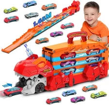 VATOS Truck Car Toy - Ejection Folding Dinosaur Track Car Toys with 8 Race Cars