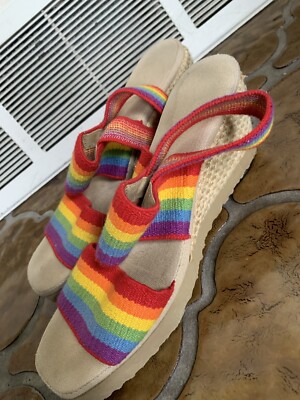 VTG 70s 80s Multicolor Stretch Rainbow Stripe Wedge Sandal  display picture 3