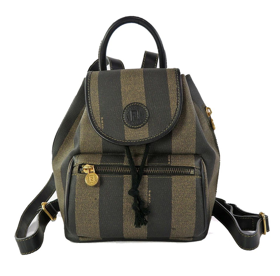 Auth FENDI Brown and Black Striped PVC Canvas and Leather Backpack Purse #60728 - Image 2 of 4
