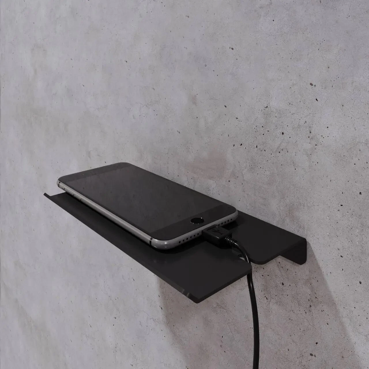 Black floating wall shelf, Modern metal wall shelf, Small geometric phone shelf