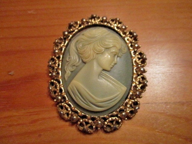 Vintage Large Cameo Pendant Goldtone and Blue BJ Beatrix Jewelry Marked