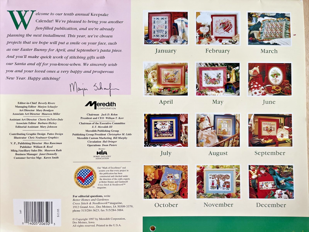 1998 KEEPSAKE CALENDAR Cross Stitch & Needlework - 12 Cross