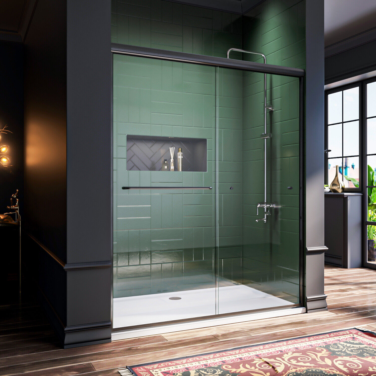 ELEGANT 58.5''-60'' x 72'' Double Sliding Shower Door Semi-Frameless Matte Black