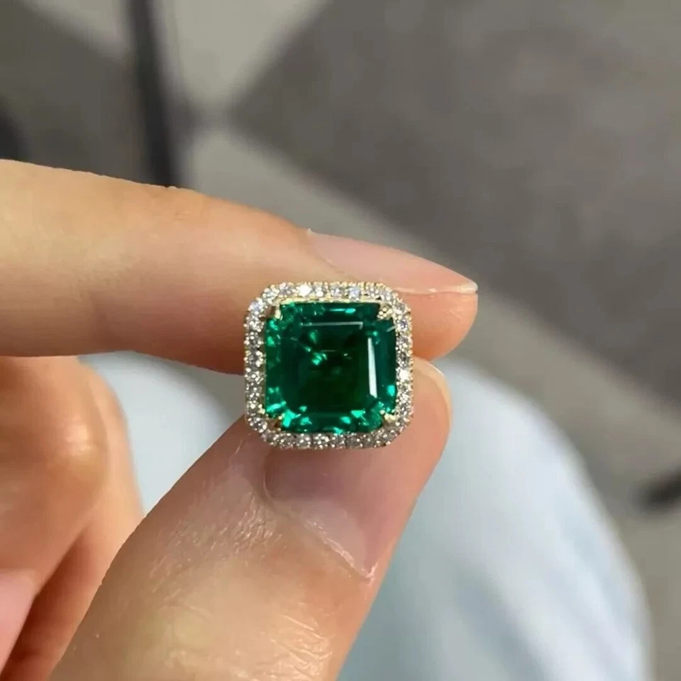 5.99 Ct Asscher Natural Emerald & Natural Diamond Earring Stud 14K Yellow Gold - Image 2 of 4