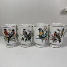 Vintage Set Of 4 ROYAL CROWN Footed Porcelain Smug Mugs LOVE BIRDS 4.25"