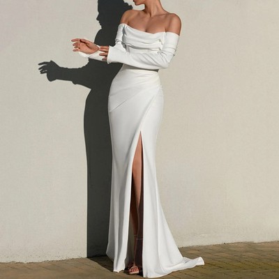 Sexy Off Shoulder Boat Neck Wedding Dress Mermaid Side Slit Bride Backless  Gown | eBay
