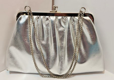 Vintage Silver Colored Kiss Lock Closure Evening Purse with Chain Black Interior