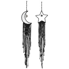 Moon Star Dream Catcher Decor, 39" Macrame Woven Wall Hanging, Black